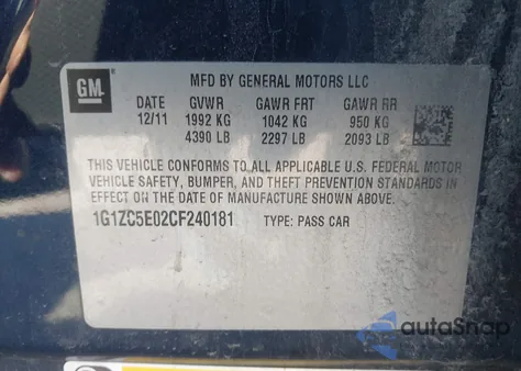 2012 Chevrolet Malibu 1Lt z USA, uszkodzony, nr VIN 1G1ZC5E02CF240181